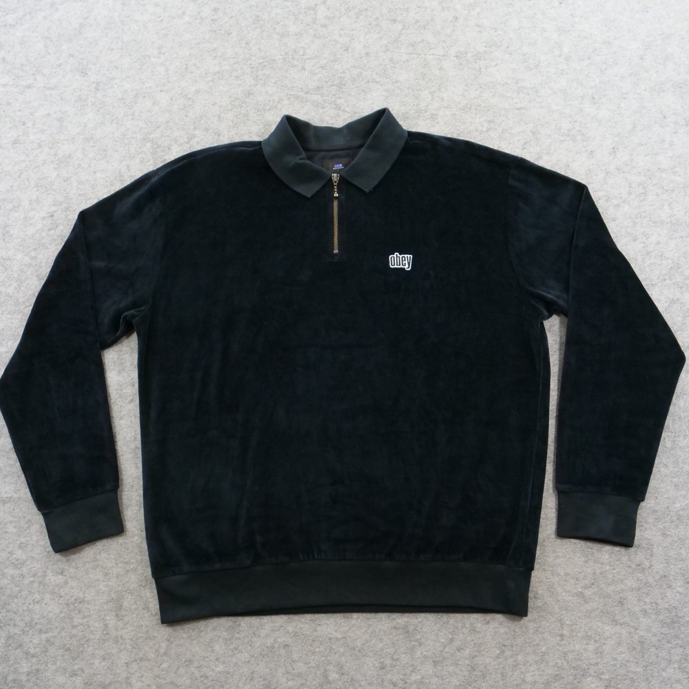 OBEY Worldwide Sweatshirt Mens Medium Black Velour Quarter Zip Polo Streetwear